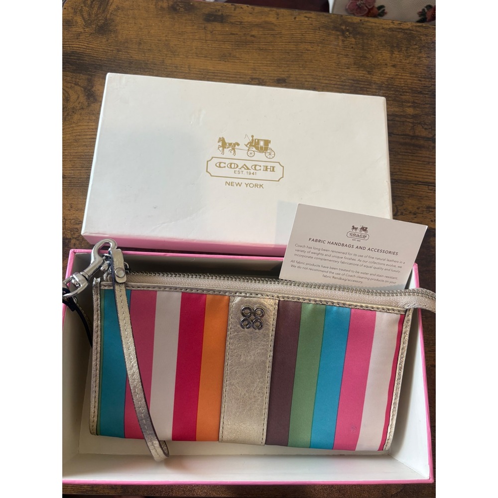 Rare Coach Rainbow Stripe Wristlet Wallet Clutch w/ Box